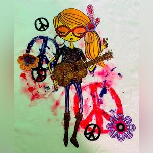 100% Cotton Tee, Ornate with Lace Decals & Glitter Guitar. Hand Wash or Machine